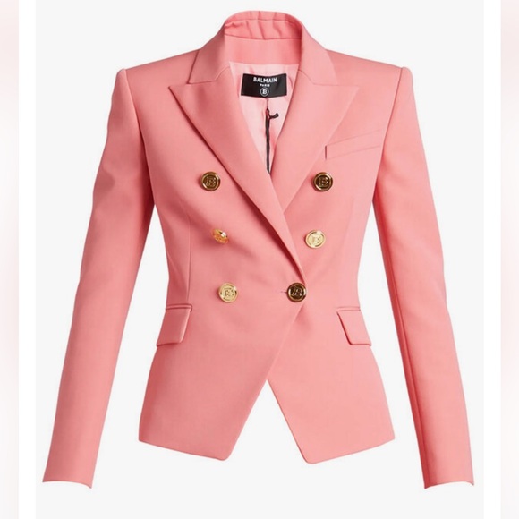 New Balmain Double-Breasted Wool Salmon Pink Blazer Size 34 - Picture 2 of 16